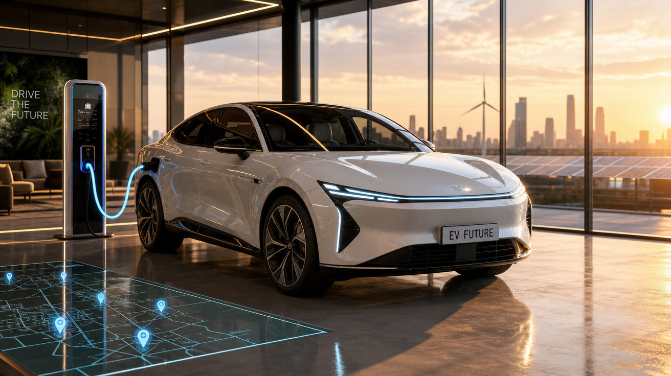Carro elétrico branco conectado a carregador em ambiente moderno com vista urbana ao pôr do sol.