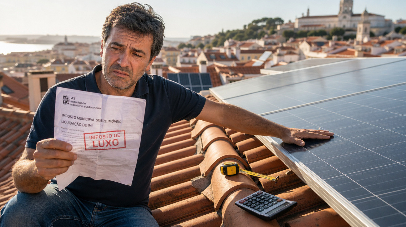 Homem preocupado segura conta de imposto enquanto está no telhado com painéis solares e calculadora.
