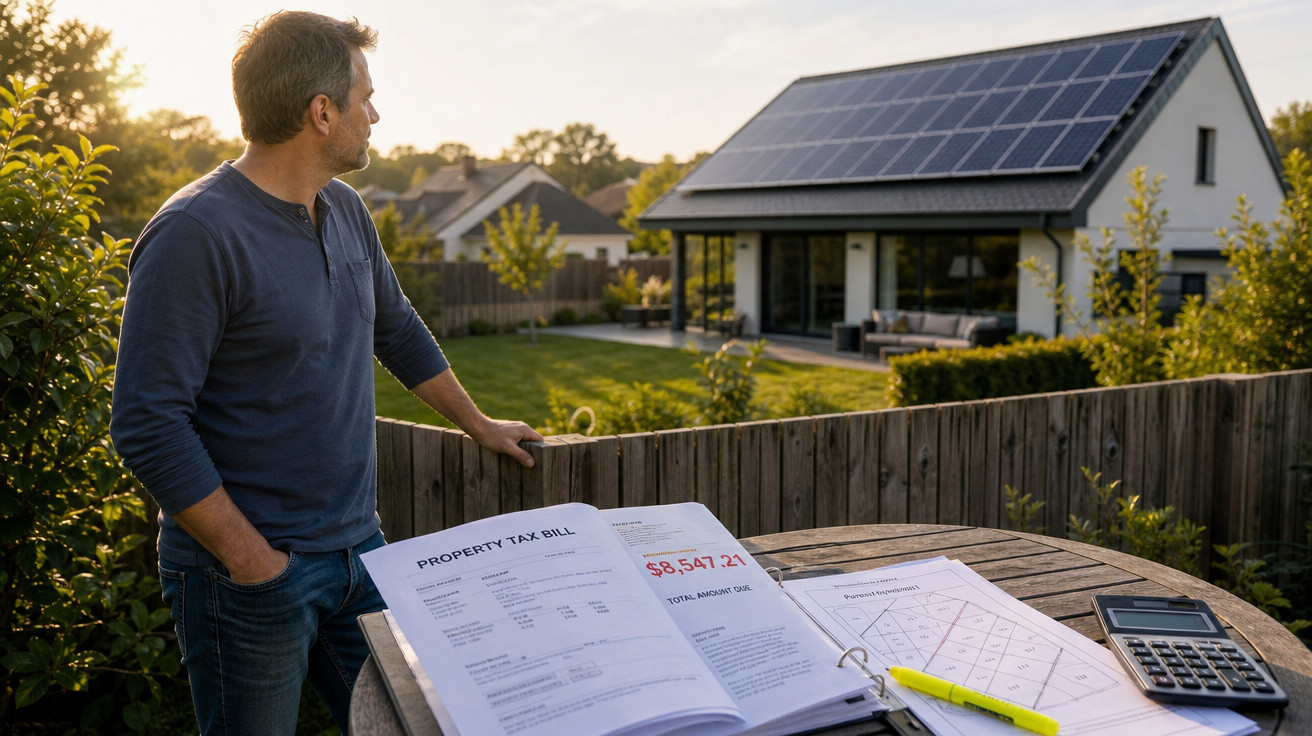 Homem observando casa com painéis solares enquanto revisa conta de imposto sobre propriedade.