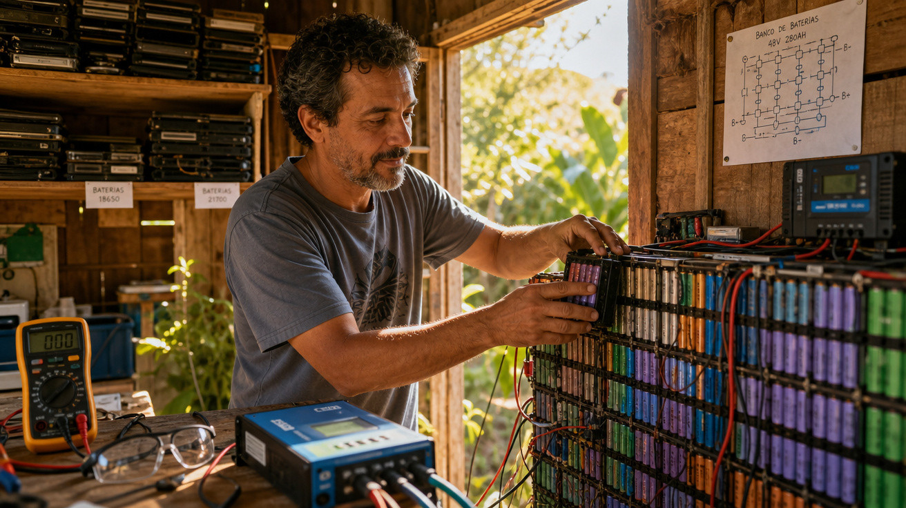 Homem ajusta bateria grande com diversos módulos coloridos em oficina iluminada pela luz natural.