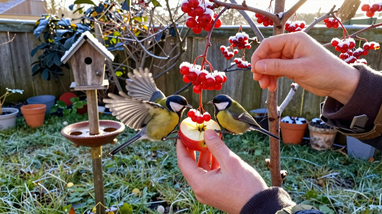 Pássaros alimentando-se de maçã e bagas vermelhas seguradas por mãos em jardim com casinha de passarinho.