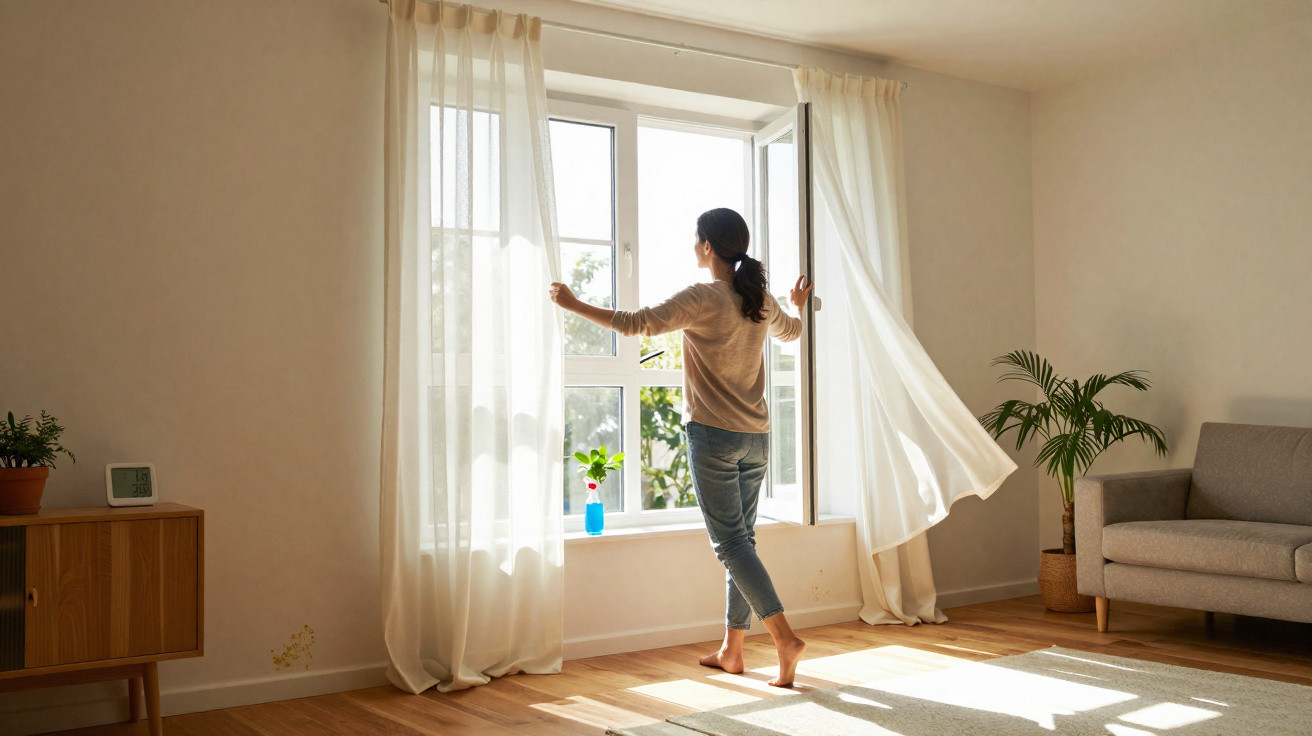 Mulher abrindo cortinas de voal branca em sala iluminada pelo sol com plantas e sofá cinza.