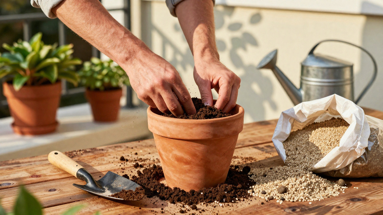 Mãos preparando terra em vaso de barro com sementes e regador ao fundo em mesa de madeira.
