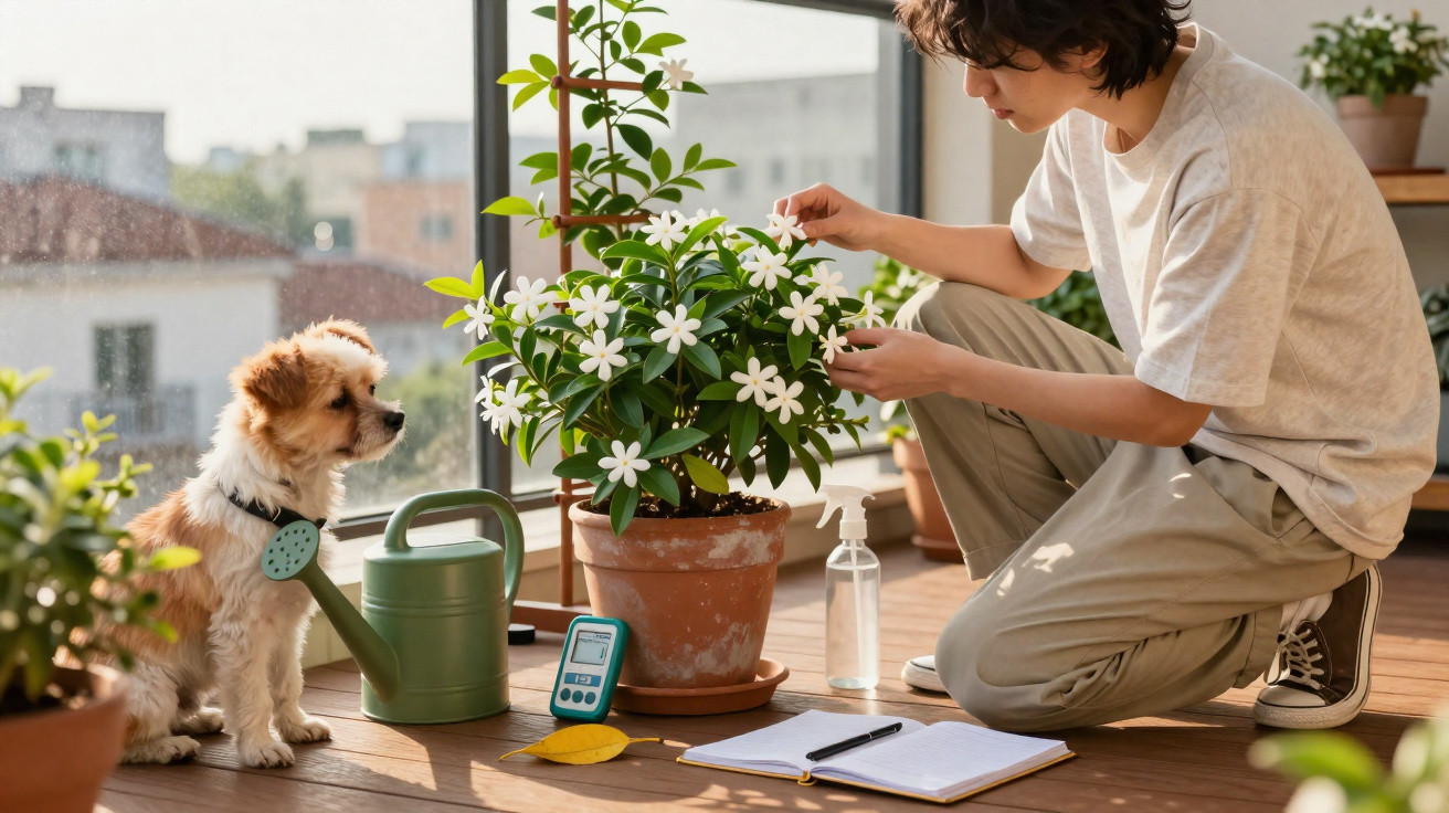 Pessoa cuidando de planta florida em vaso no chão ao lado de cão, regador e caderno em ambiente iluminado.