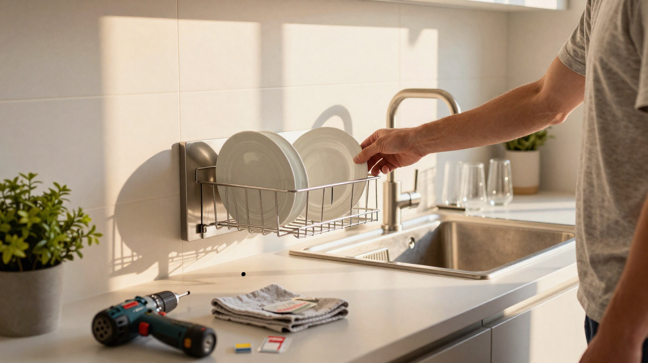 Pessoa organizando pratos brancos em escorredor de parede na cozinha com bancada branca e pia inox.
