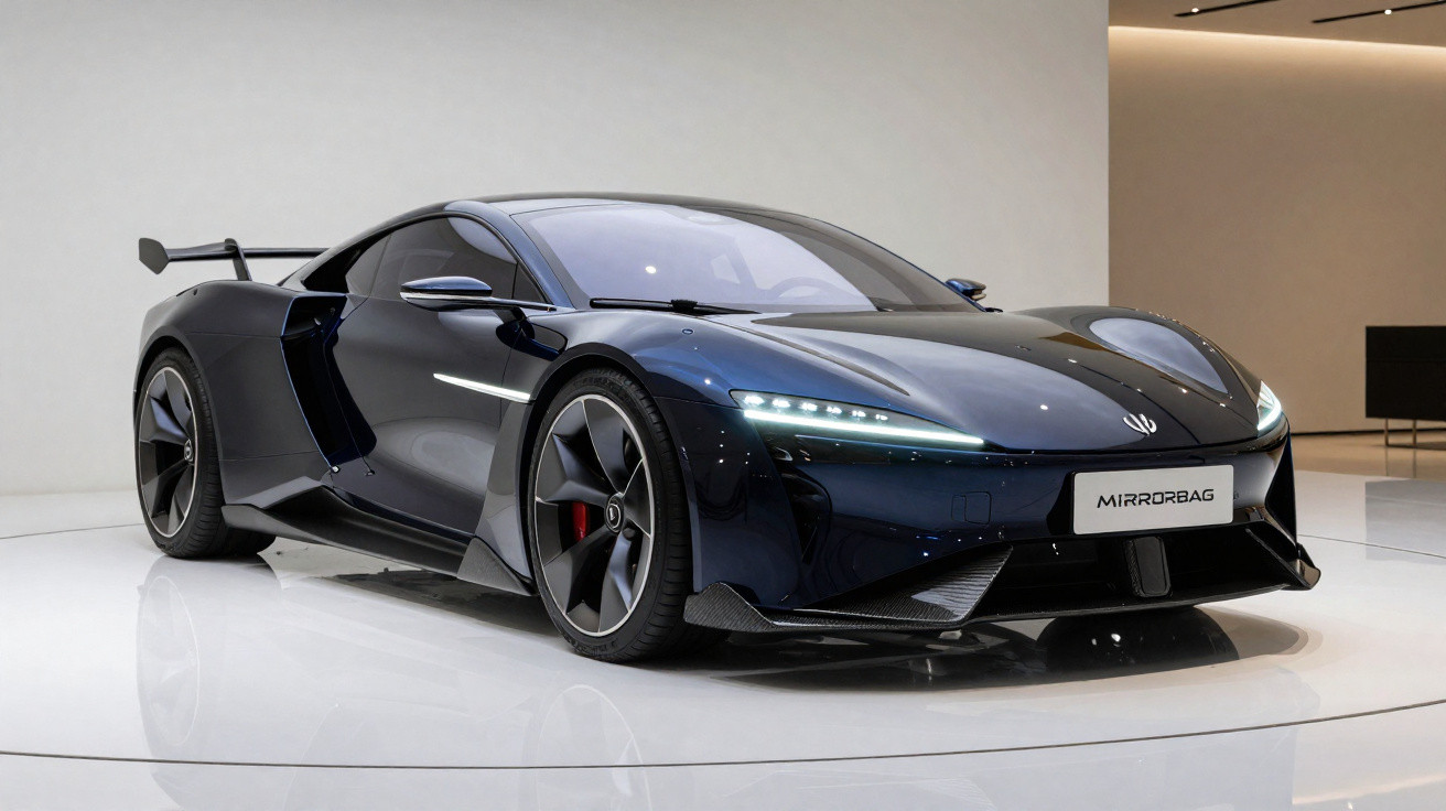Carro esportivo elétrico preto MirroRbag exibido em plataforma branca em ambiente moderno e minimalista.