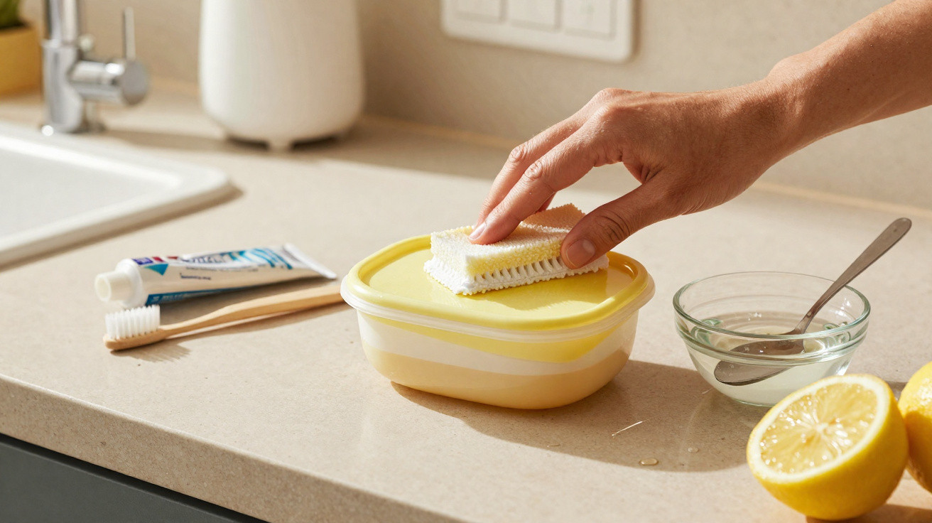 Mão usando esponja para limpar superfície com pasta de dente, escova, tigela e limões ao lado.