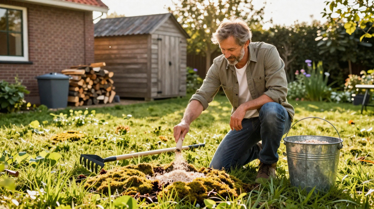Homem adulto cuidando do jardim, aplicando fertilizante em canteiro com ferramentas e balde ao lado.