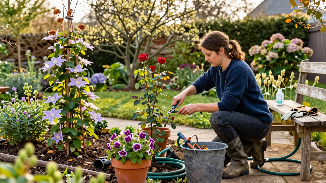 Mulher cuidando de plantas e rosas em jardim florido durante o dia.