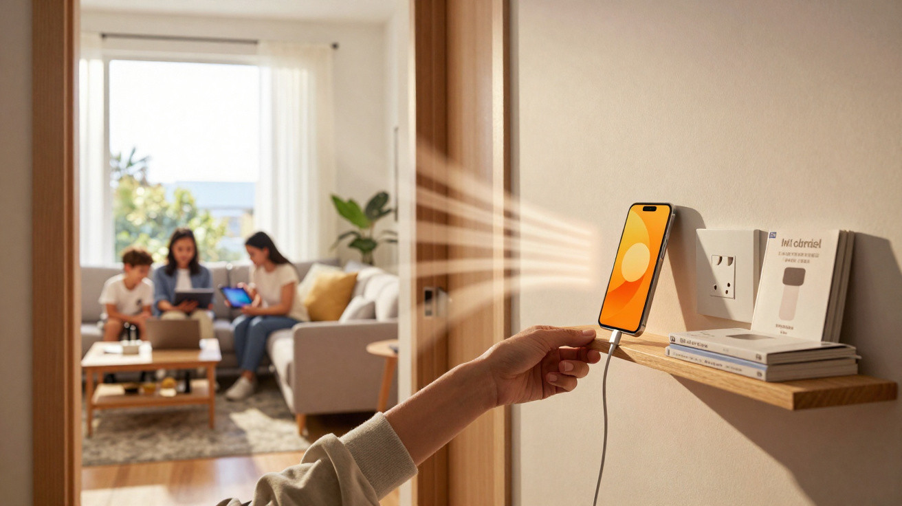 Pessoa usando carregador sem fio para smartphone em parede, com família ao fundo em sala iluminada.