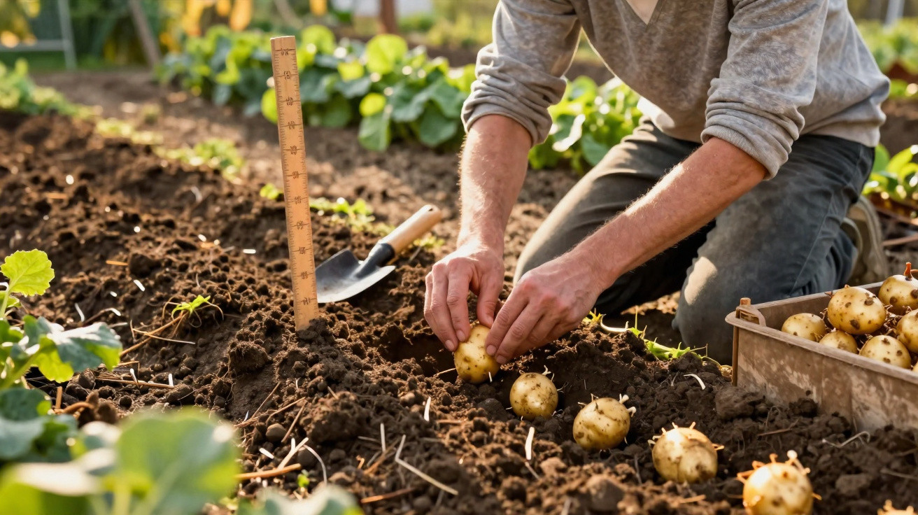Pessoa colhendo batatas com brotos em um jardim com solo preparado e regador ao lado.