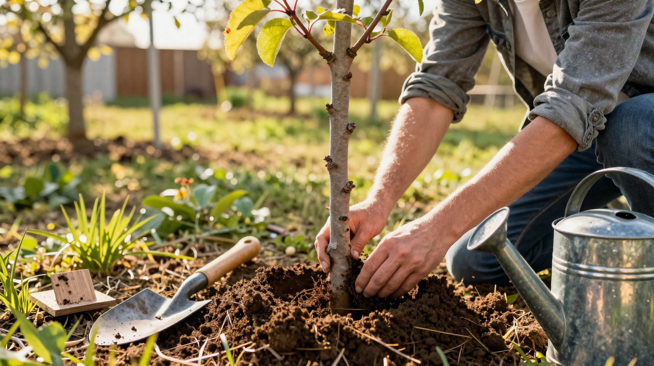 Pessoa plantando muda de árvore em solo fértil com regador metálico e transplante sendo feito cuidadosamente.