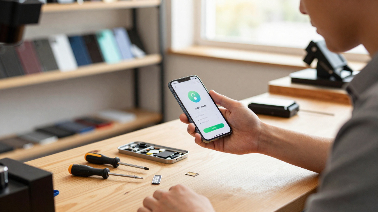 Pessoa segurando smartphone com tela de login, mesa com ferramentas e peças de celular aberta ao fundo.