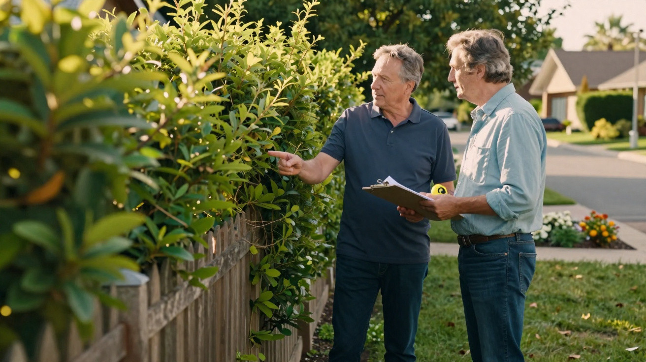 Dois homens conversando em um jardim, um aponta para plantas e o outro segura uma prancheta.