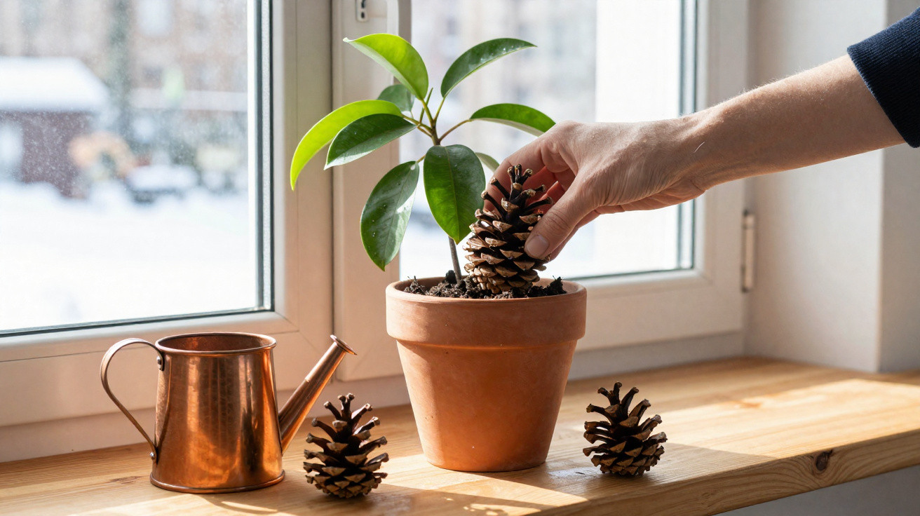 Mão colocando pinha em vaso com planta sobre parapeito de janela ao lado de regador de cobre.