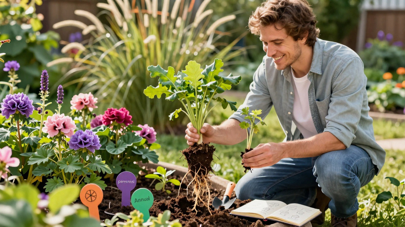 Jovem sorridente cuidando de plantas em jardim florido, segurando mudas de plantas com raízes expostas.