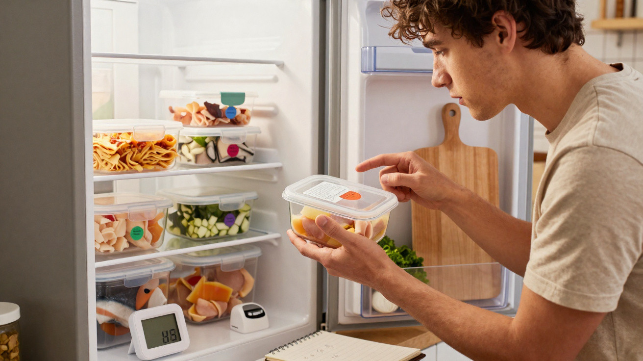Homem analisando alimentos em potes plásticos dentro da geladeira na cozinha.