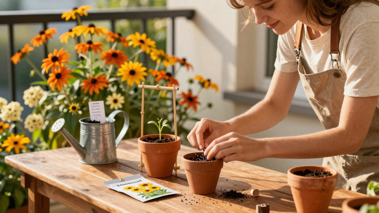 Mulher plantando sementes em vaso de barro em mesa de madeira com flores amarelas ao fundo.