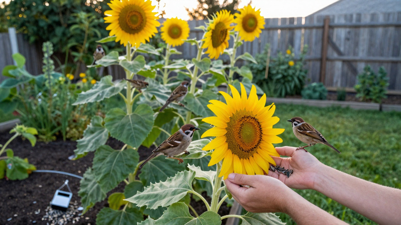 Girassois em jardim com passarinhos pousando em mãos que seguram sementes próximas à flor.