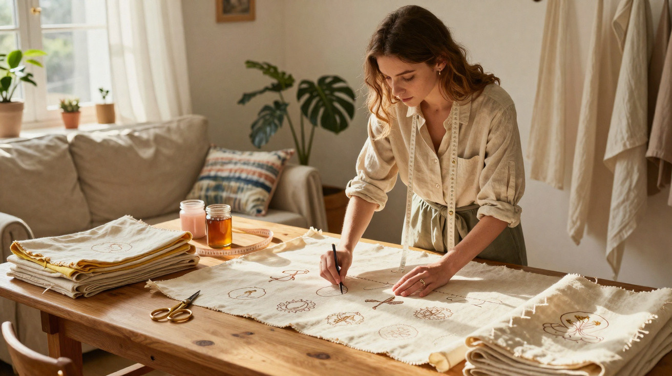 Mulher desenhando bordados em tecido claro sobre mesa de madeira em ambiente iluminado.