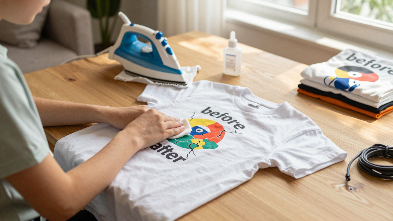 Pessoa limpando mancha em camiseta branca com ferro de passar e produto de limpeza sobre mesa de madeira.