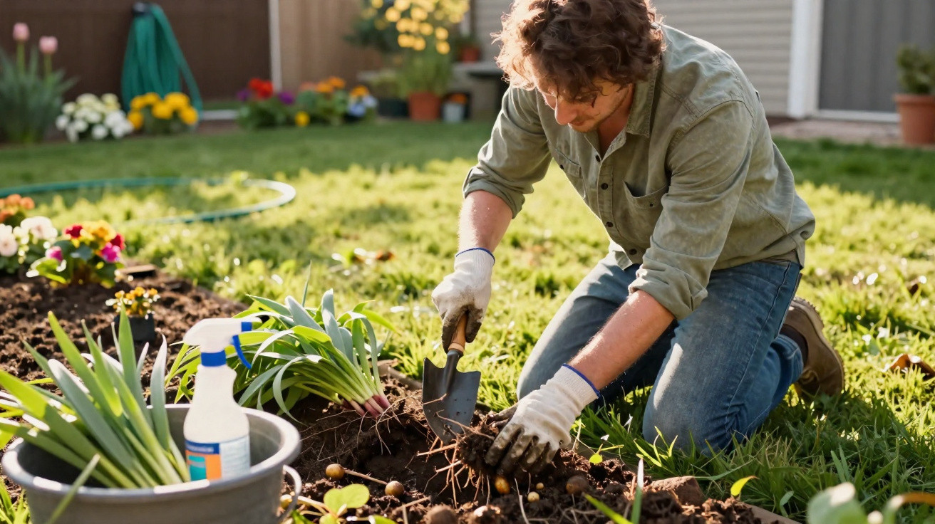 Homem jardinando com pá, cavando a terra em canteiro com plantas e flores ao redor em jardim ensolarado.