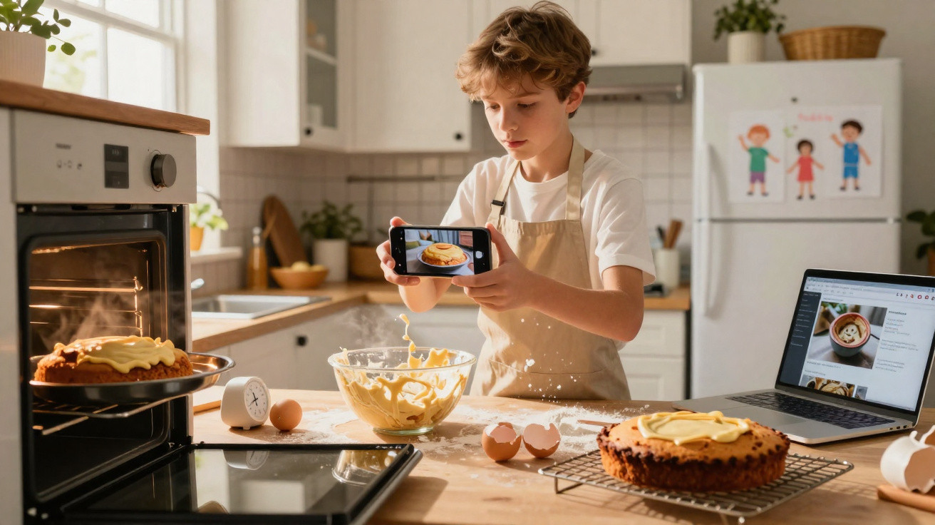 Menino fotografando bolo caseiro com cobertura amarela em cozinha moderna e ensolarada.