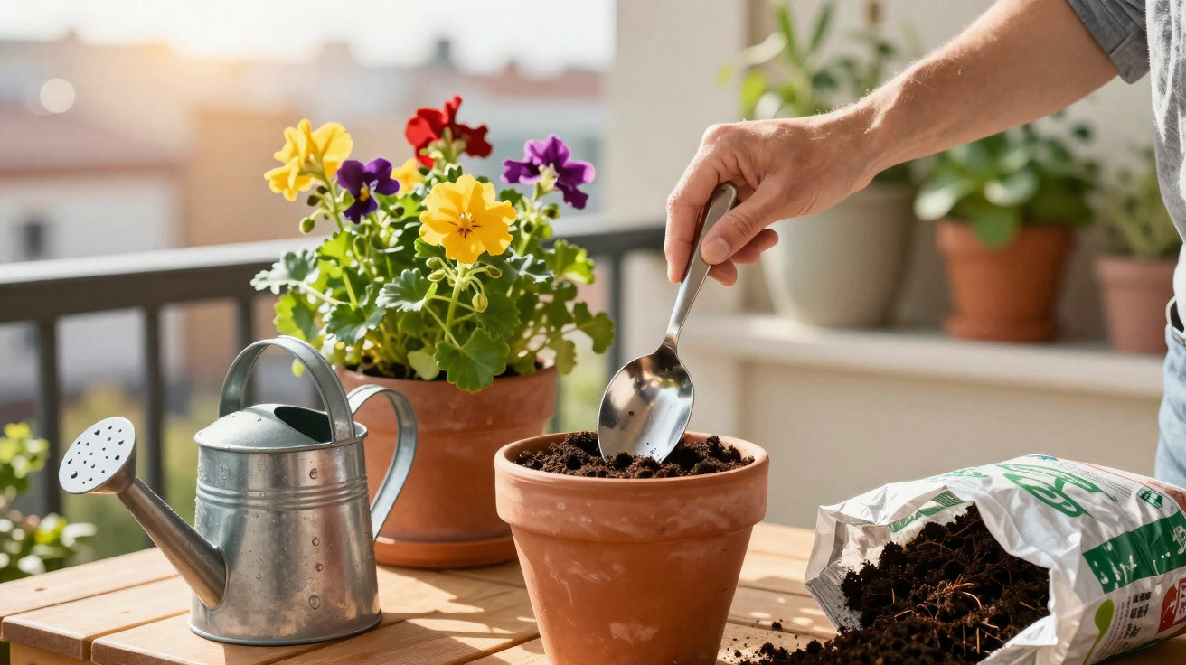Mão com colher preparando vaso de barro com terra para plantar, regador e flores coloridas ao fundo.