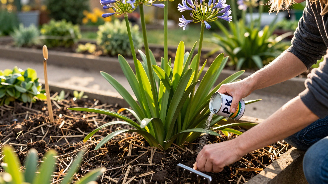 Pessoa aplicando fertilizante em planta com flores roxas em canteiro de jardim ensolarado.