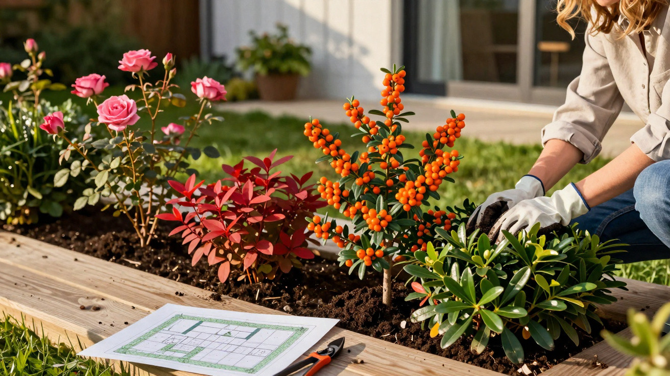 Pessoa cuidando de plantas em canteiro com flores rosa, arbustos e planta com frutas laranjas.