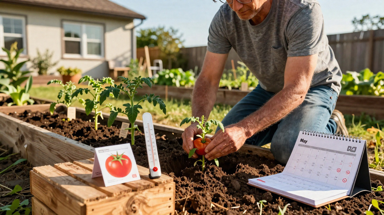 Homem plantando muda de tomate em canteiro, com calendário e termômetro ao lado, em jardim ensolarado.
