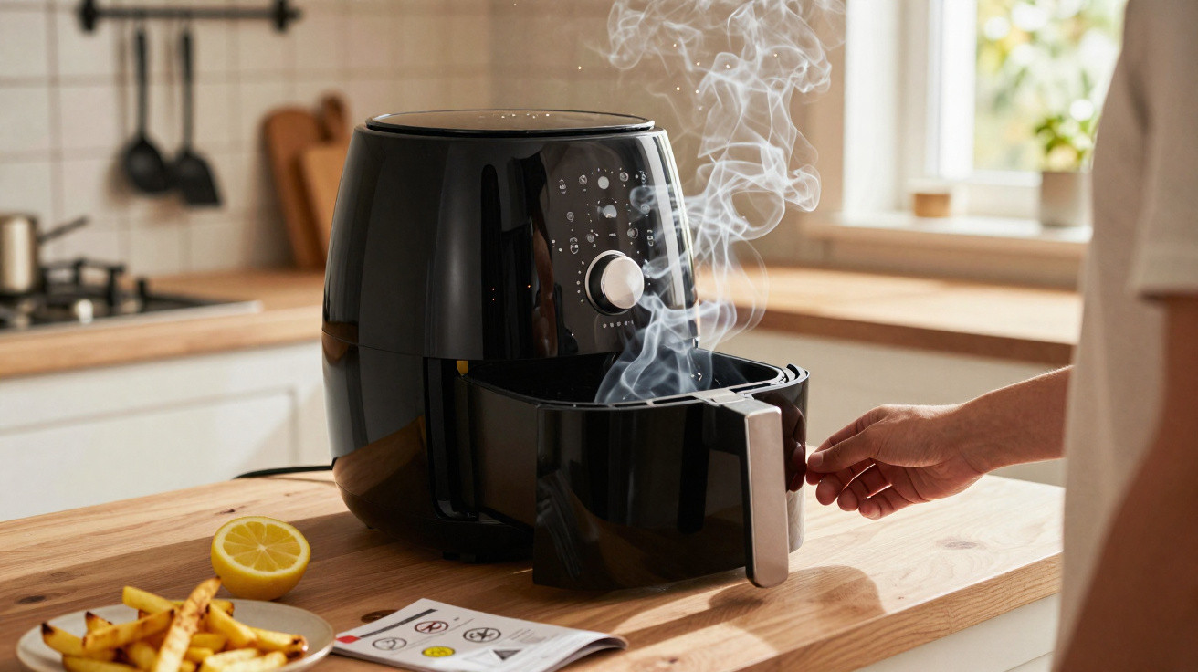 Pessoa retirando cesta quente de air fryer preta com vapor, batatas fritas na bancada de cozinha clara.