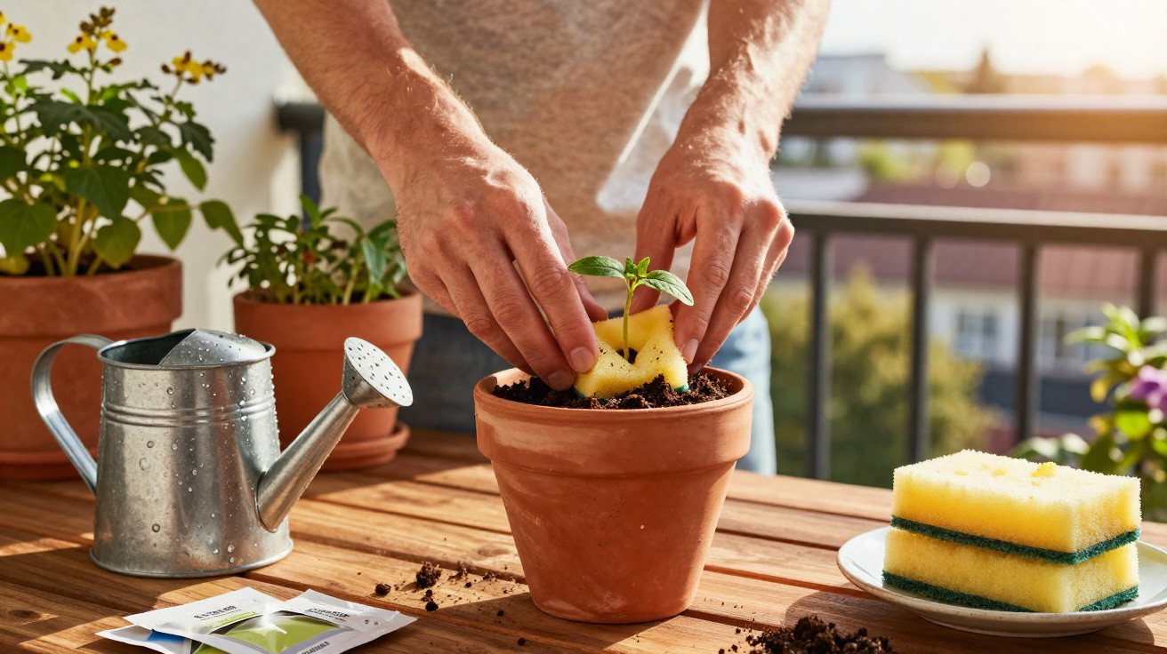 Mãos plantando muda em vaso de barro, com regador, esponjas e pacotes de sementes sobre mesa de madeira.