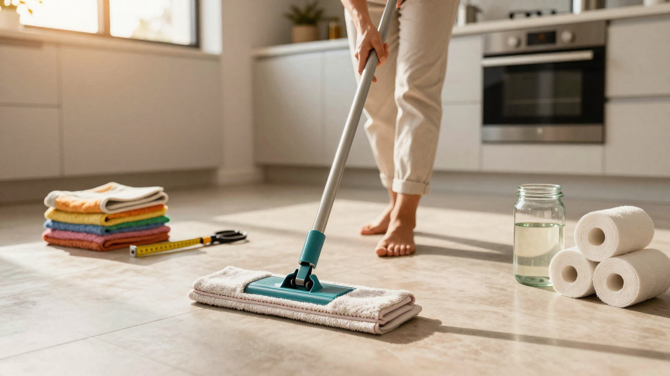 Pessoa passando pano no chão da cozinha com toalhas coloridas e produtos de limpeza ao lado.