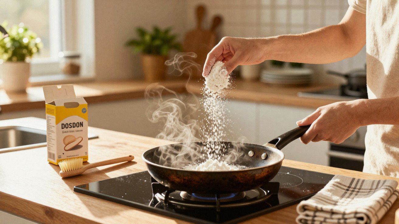 Pessoa adicionando farinha em frigideira com vapor sobre fogão em cozinha iluminada.