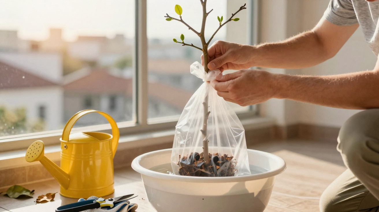 Pessoa transplantando muda de árvore em vaso com ferramentas e regador ao lado, perto da janela.