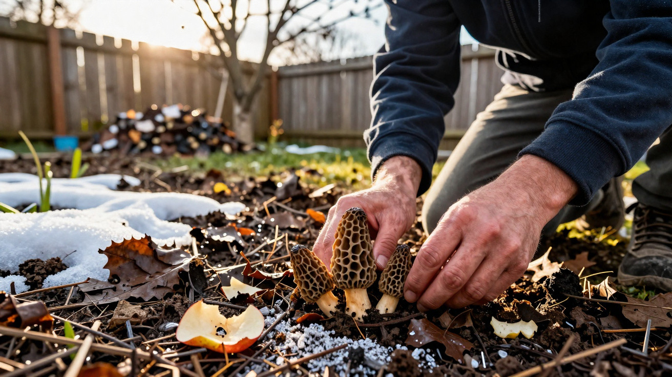 Pessoa colhendo cogumelos morel em área externa com folhas secas e neve no chão ao amanhecer.
