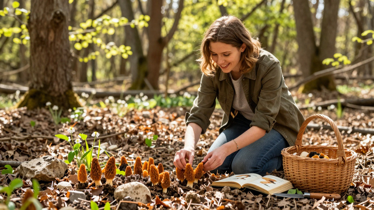 Mulher jovem acariciando cogumelos em floresta, com livro de campo aberto e cesta ao lado.
