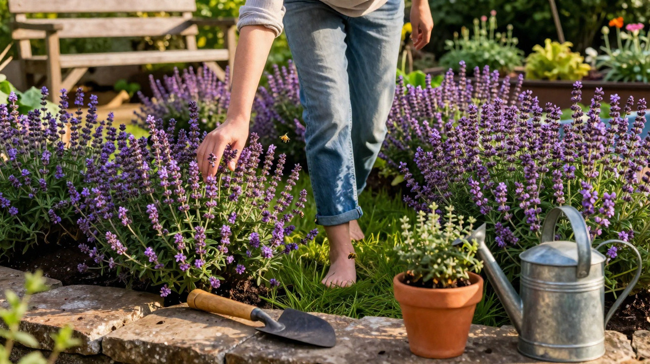 Pessoa cuidando de plantas de lavanda em jardim com regador, pá e vaso de cerâmica.