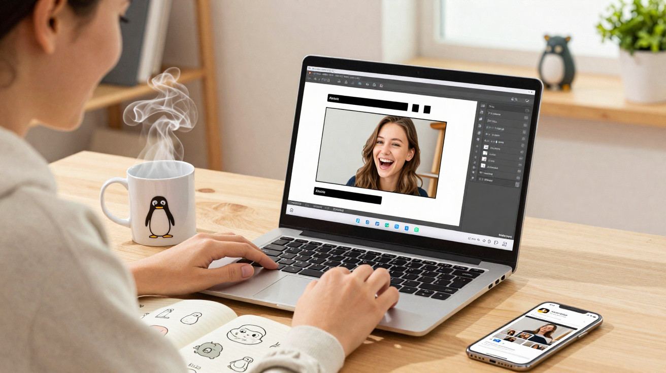 Pessoa editando uma foto sorridente no laptop com celular e caneca de pinguim ao lado em mesa de madeira.