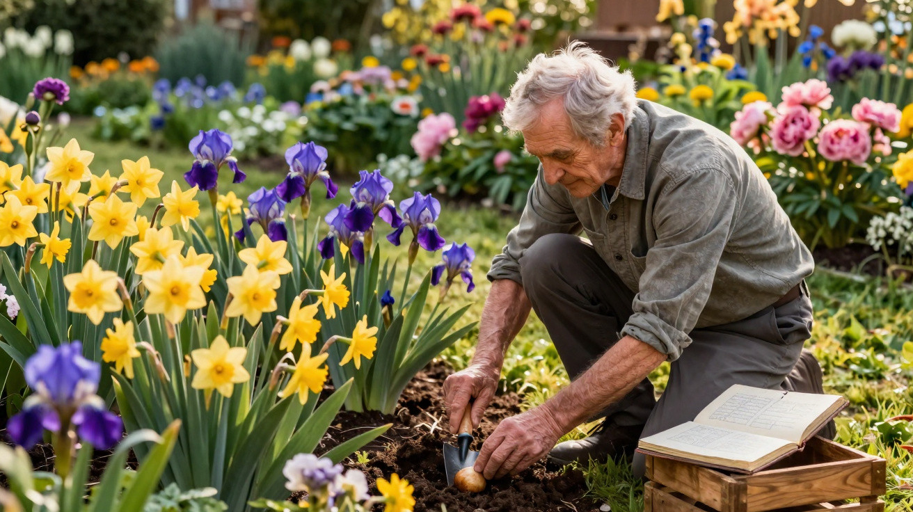 Homem idoso plantando bulbo em jardim florido cheio de narcisos e íris coloridas.