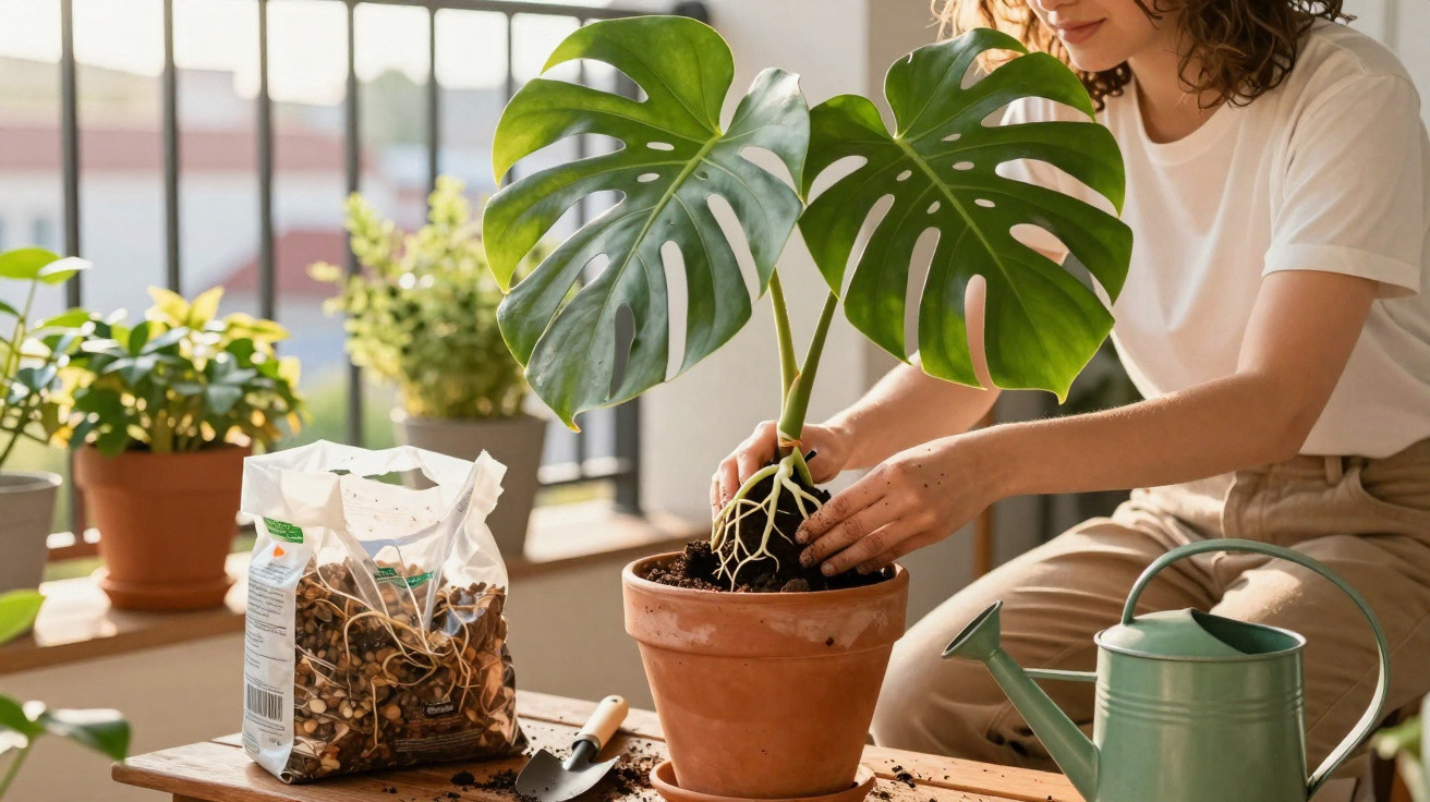 Pessoa plantando uma muda de Costela-de-Adão em vaso de barro em ambiente interno com ferramentas de jardinagem.