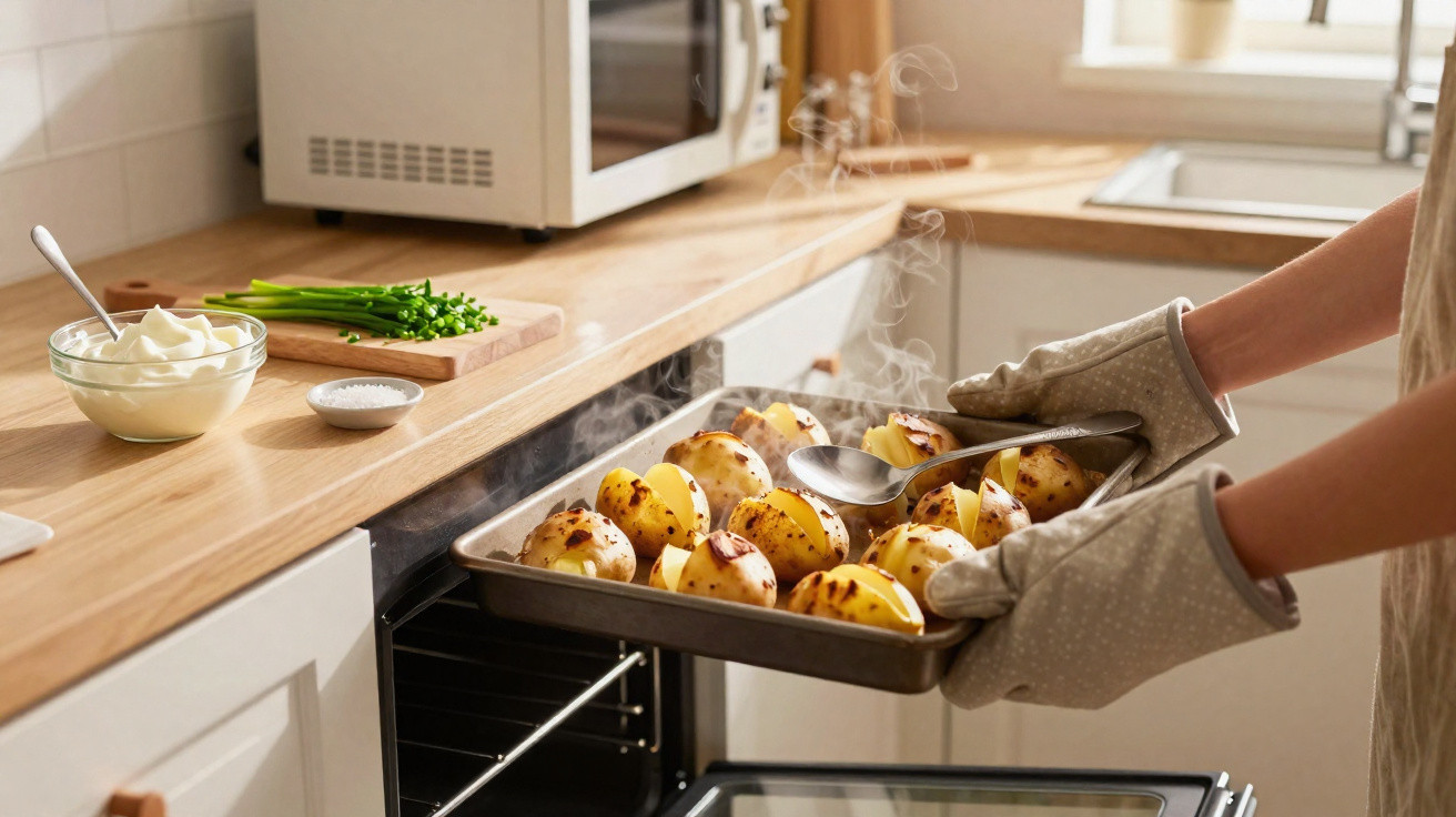Pessoa com luvas retira bandeja com batatas assadas do forno em cozinha iluminada.