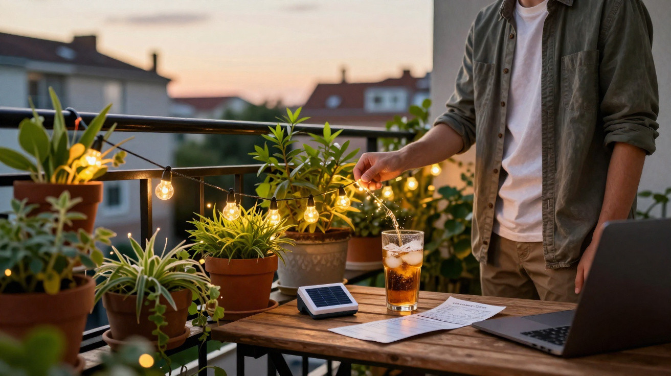 Pessoa servindo bebida em copo com gelo na varanda decorada com plantas e luzes ao entardecer.