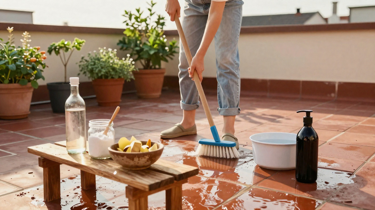Pessoa varrendo chão molhado de terraço com escova, ao redor balde, plantas e produtos de limpeza.