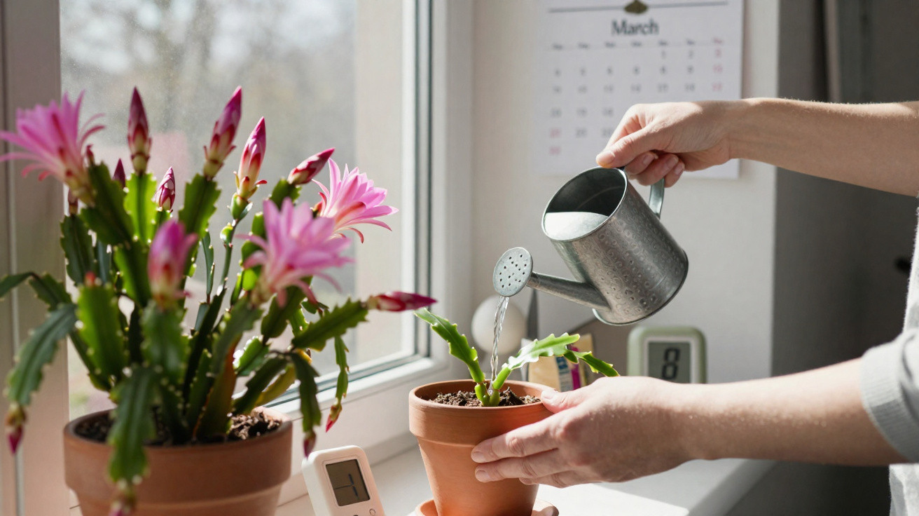 Pessoa regando cacto em vaso na janela com flores rosas desabrochando ao lado.