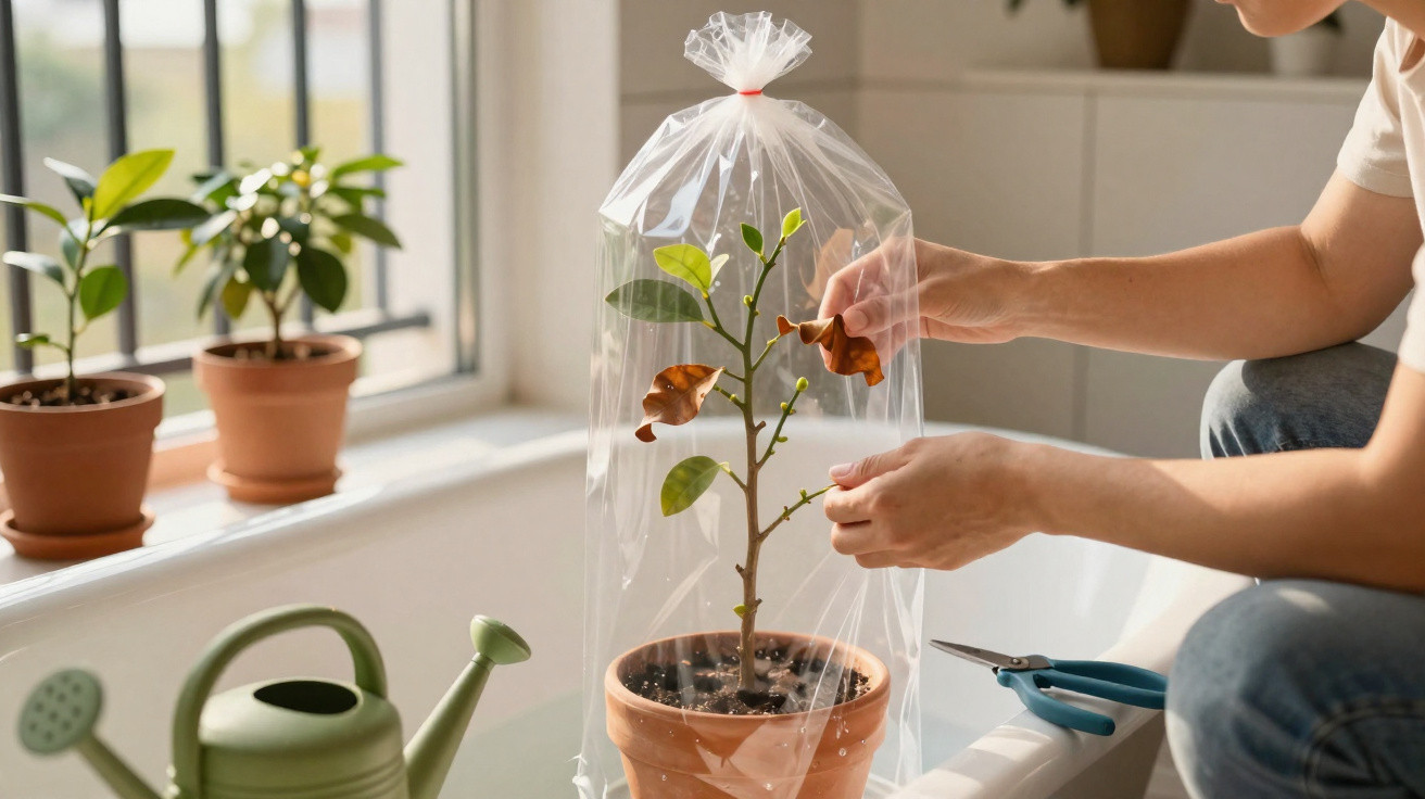 Pessoa protegendo planta em vaso com saco plástico transparente dentro de banheiro.