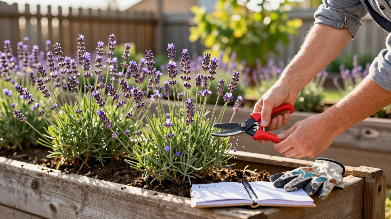 Pessoa podando lavanda em canteiro de madeira durante o dia, com luvas e caderno ao lado.