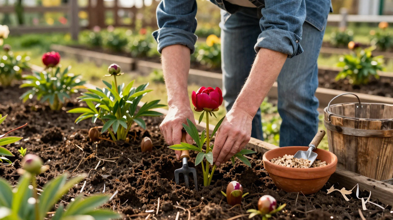 Pessoa plantando flores vermelhas em canteiro de terra com ferramentas de jardinagem ao redor.