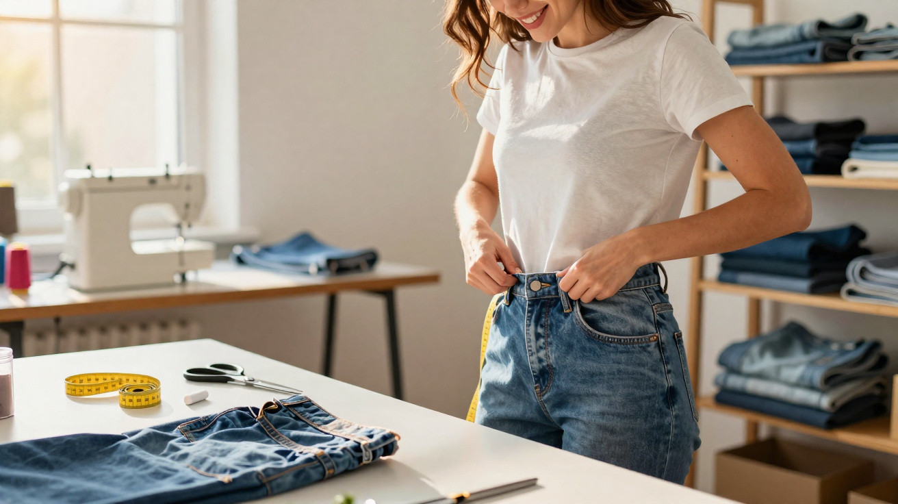 Mulher ajustando calça jeans em ateliê com máquina de costura, fita métrica e roupas dobradas ao fundo.